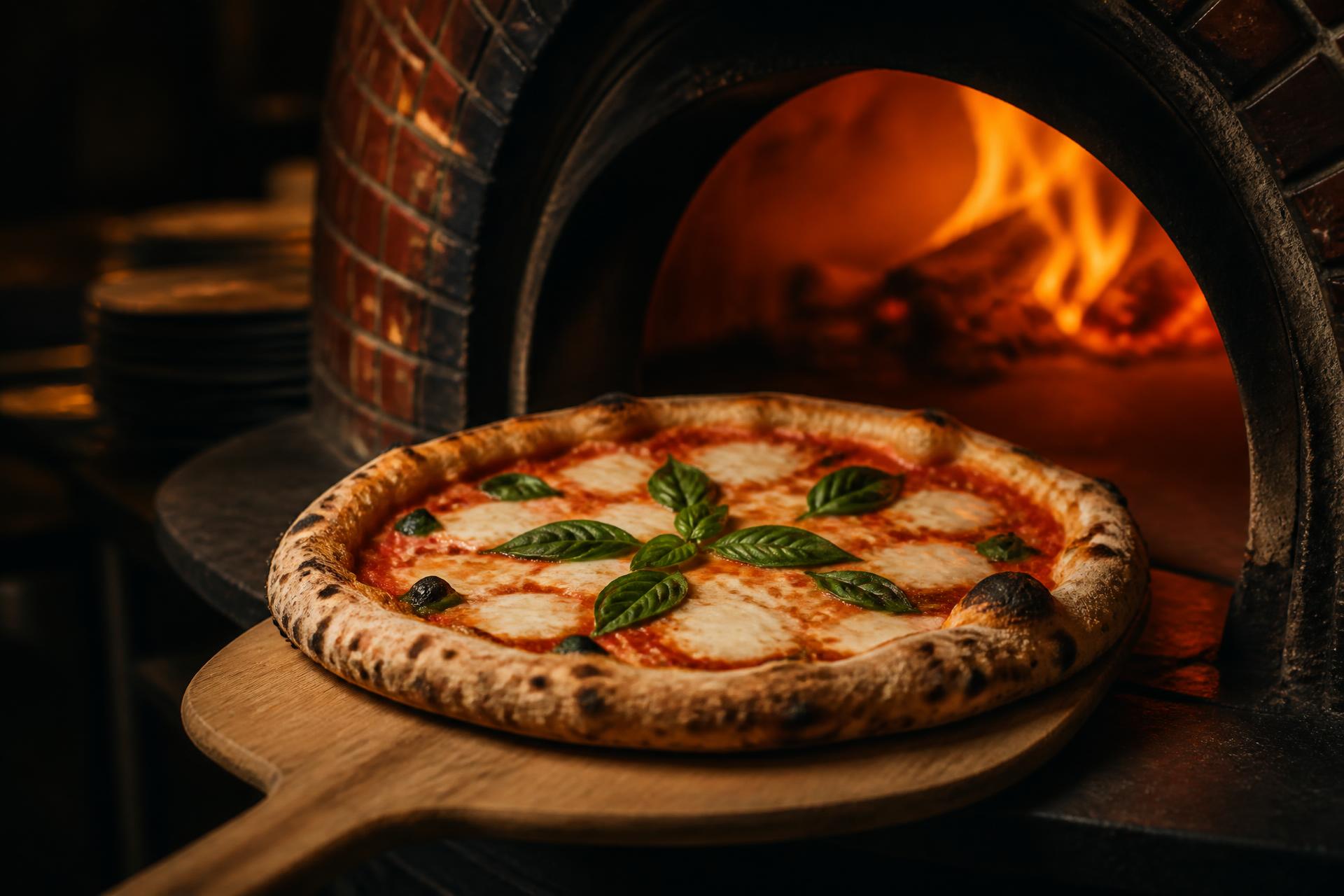 Pizza napolitana sendo assada em forno a lenha